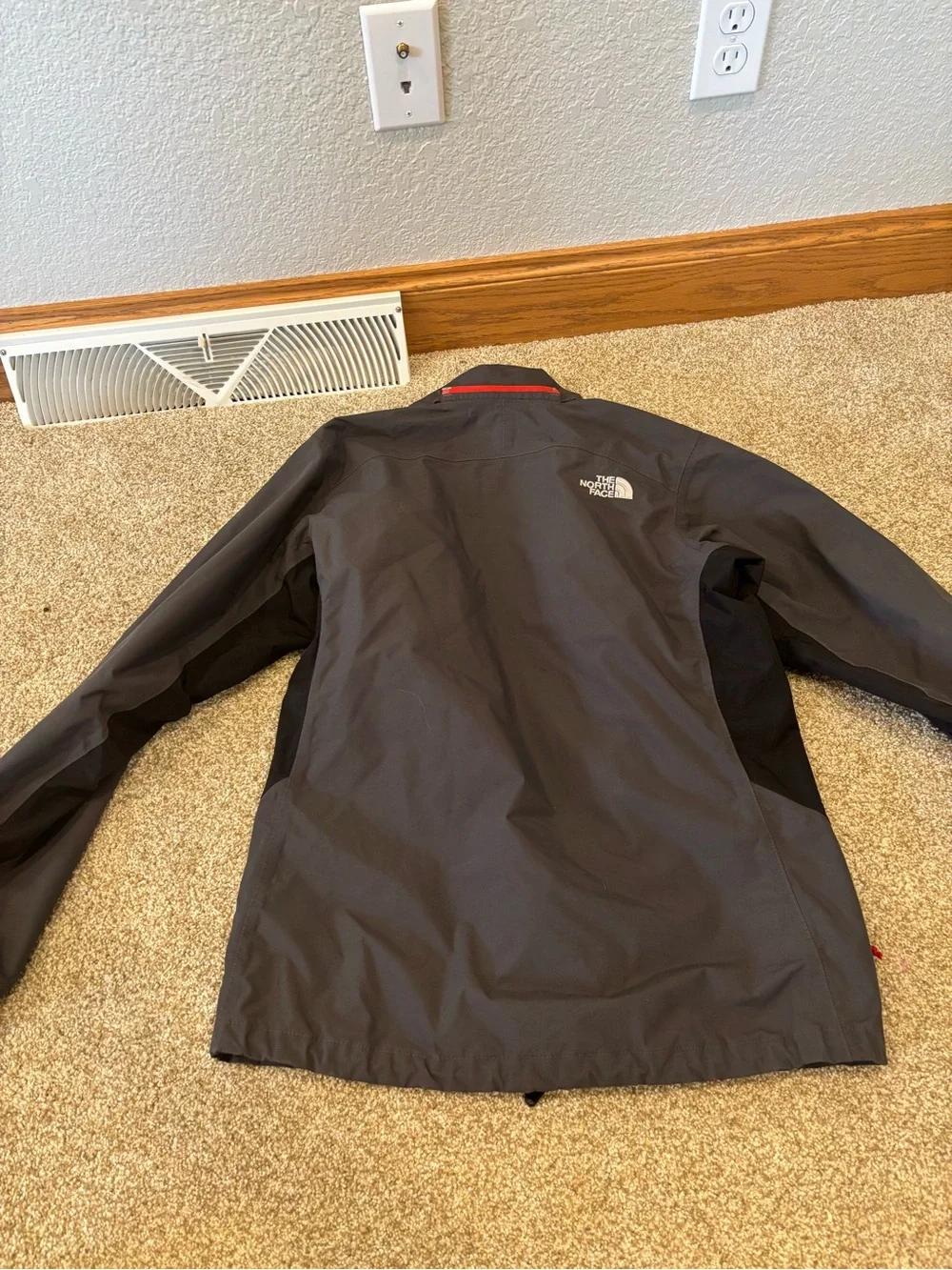 The North Face Men's Gray and Black Raincoat with Red Accents